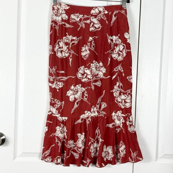 NWOT ZARA Skirt M Wrap Ruffle Midi Floral Linen Blend Button Waist Burgundy - Picture 4 of 13
